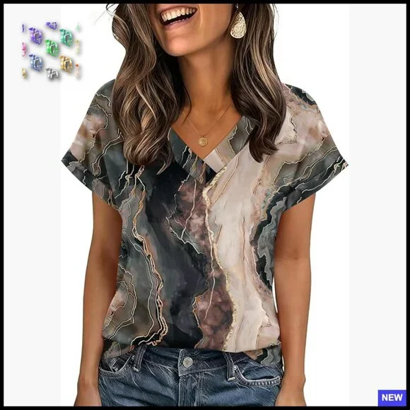 Rolled Sleeve V-Neck Blouse Classic Elegant Business Casual Summer Top - Picture 1 of 6